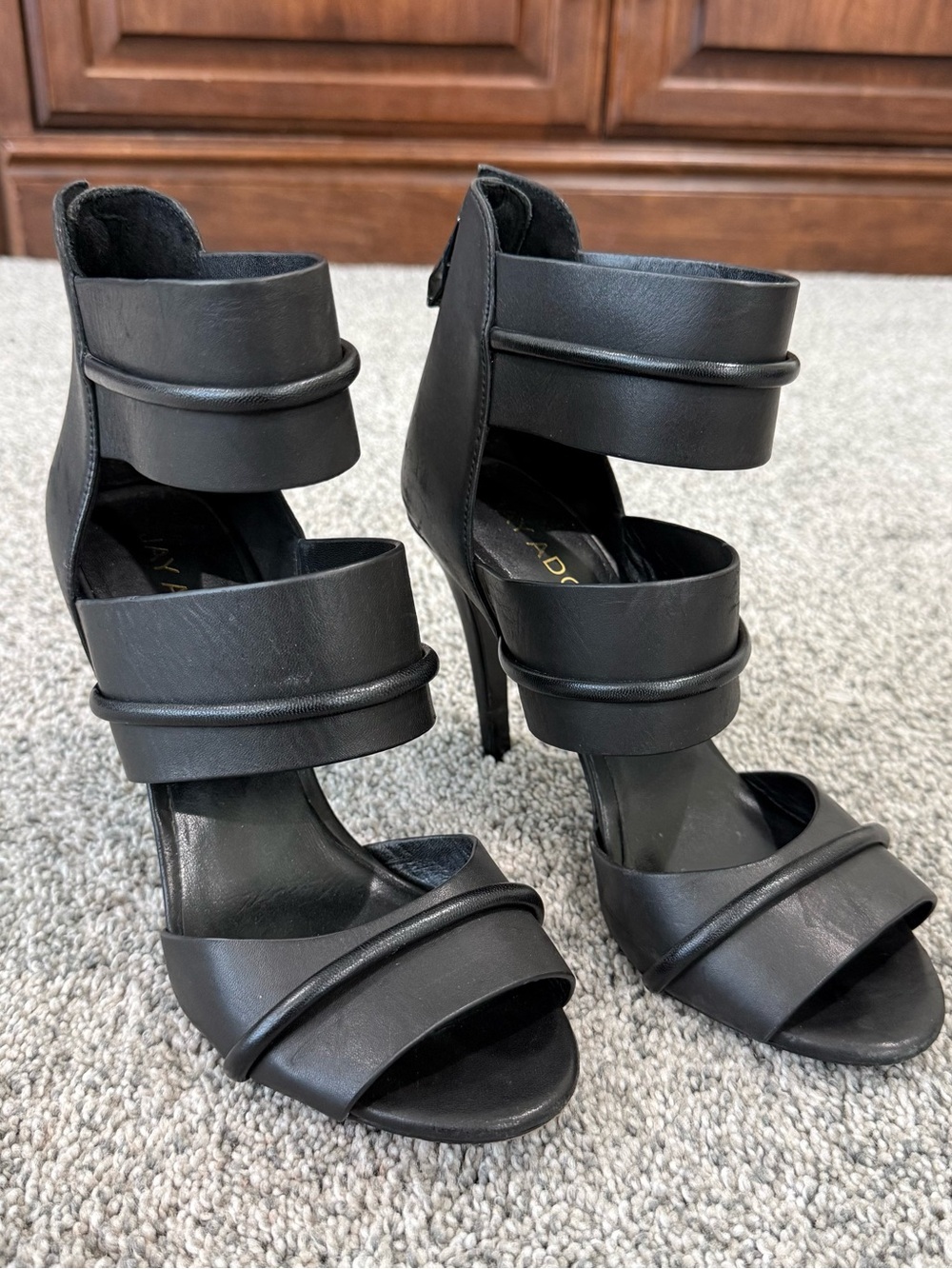 Jay Adoni Calla Black Leather Straps High Heel Stiletto Sandals Women’s US 7M